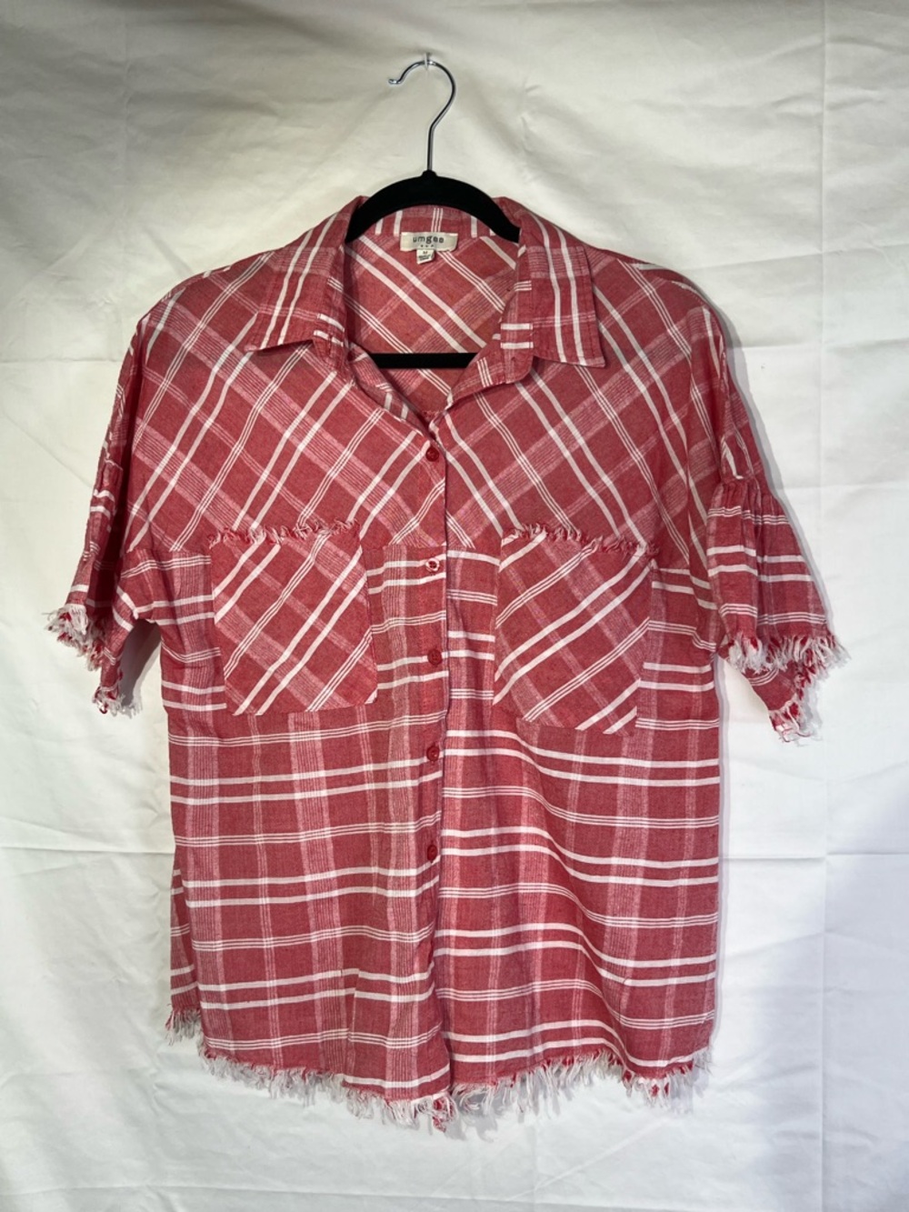 Umgee Red Plaid Raw Edge Short Sleeve Button-Down Shirt